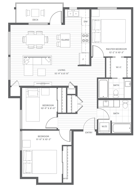 Floor plan for 3 beds, 2 baths, 1133 sqft